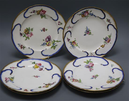 A set of six Sevres plates, painted in colours, with bouquets of flowers,